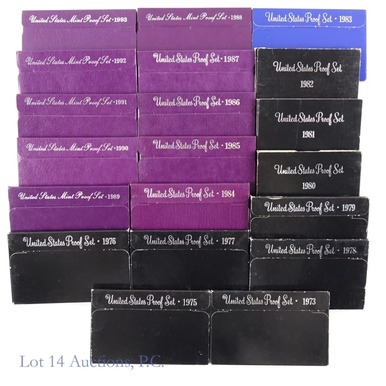 1973s - 1993-s U.S. Mint Clad Proof Sets (20): Twenty (20) United States Mint clad proof sets (San Francisco Mint) in OGP. "Proof" describes the method of manufacture which produces sharp detail, high wire edge and extremely brilliant mirrorlike s