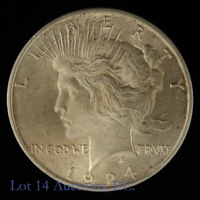 1924 (P) USA Silver Peace Dollar (*MS-64+): 1924 United States silver peace dollar (Philadelphia Mint). Designer Anthony de Francisci. *Per consigner, grades MS 64+. Metal is 90% silver, weighs 26.73 grams and diameter 38.1 mm. Mintage is 11,81
