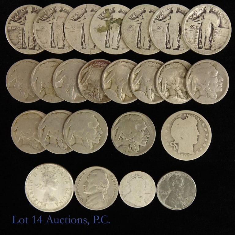 Eclectic Mix Silver & Non-Silver Coins (24): Twenty-four (24) eclectic mix of silver and non-silver coins: ---N/D 90%-silver standing liberty quarters (7); ---1903? 90%-silver Barber quarter; ---1963 80%-silver Canadian quarter; ---N/D Canadian 