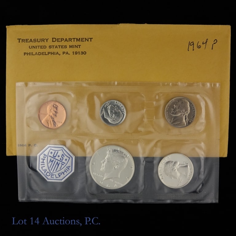 1964 (P) USA Silver 5-Coin Proof Set in OGP: 1964 United States silver 5-coin proof set (Philadelphia Mint) in OGP with inspection notice from US Mint. Half dollar, quarter and dime metal is 90% silver. Mintage is 3,950,762. *** Lot 14 Auctions 