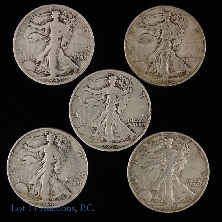 1942-1945 USA W/L 90%-Silver Half Dollars (5): Five (5) United States silver walking liberty half dollars (Philadelphia, Denver Mints). Metal is 90% silver and weighs 12.50 grams each. Estimated total ASW 1.8 troy ounces. Dates as follows: ---1942