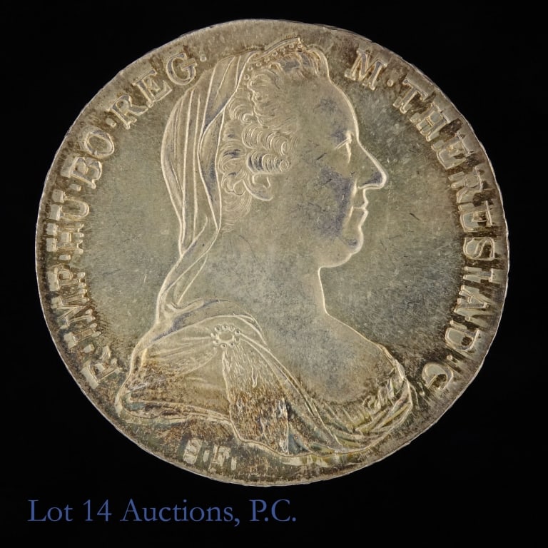 "1780" Austria Silver Maria Theresa Thaler GEM BU: RESTRIKE - "1780" Austria Silver Maria Theresa Thaler (Vienna Mint). Per consigner, a gorgeous highly popular crown-sized coin, very attractive piece in GEM BU condition with some toning on obverse an