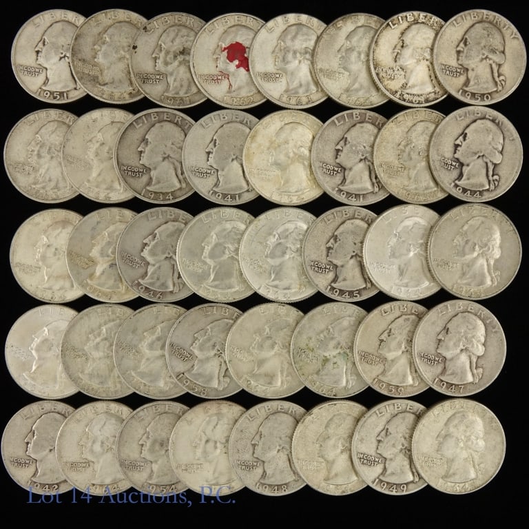 Pre 1964 USA 90% Silver Washington Quarters (40): Forty (40) United States 1964 and earlier 90% silver Washington quarters. ASW is estimated at 7.15 troy ounces. Face value is $10. *** Lot 14 Auctions is not a professional coin grading agency. Consig