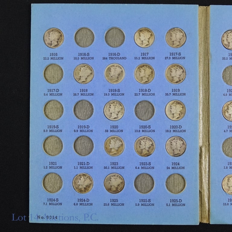 1916 - 1945 USA 90%-Silver Mercury Dimes (58): Fifty-eight (58) United States 90%-silver Mercury dimes in blue Whitman folder dates range from 1916 to 1945. ASW estimate is 4.1 ozt. Low mintage semi-key dates include the following: ---1923-s; ---1