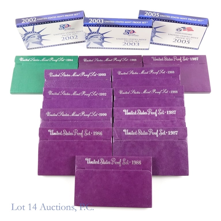1986s - 2005s U.S. Mint Proof Sets (15): Fifteen (15) United States Mint clad proof sets (San Francisco Mint) in OGP. "Proof" describes the method of manufacture which produces sharp detail, high wire edge and extremely brilliant mirrorlike 