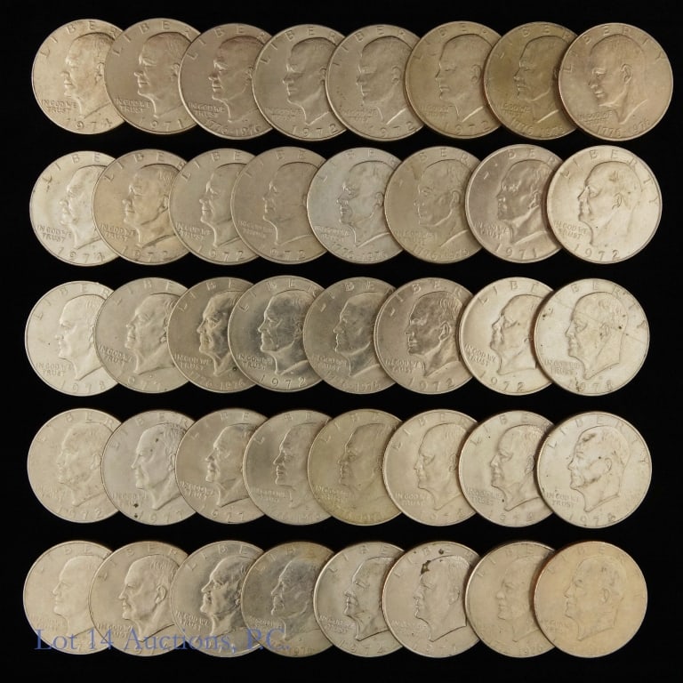 USA Clad Eisenhower Dollars Rolls (40): Forty (40) United States clad Eisenhower dollars (Philadelphia, Denver Mints) in two square plastic coin roll holders. Designer is Frank Gasparro. Metal is 91.67% pure copper, weighs 22.68 grams and m