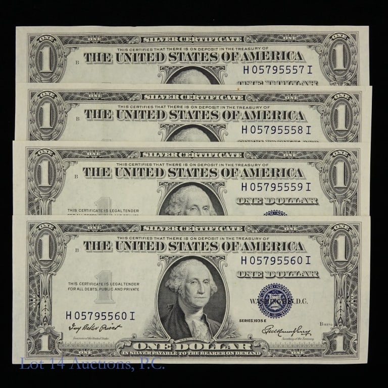 1935 USA $1 Silv Cert Blue w/ Cons S/Ns GEM CU, 4: Four (4) (F-1614) series 1935-E United States $1 silver certificates - blue seal (Priest / Humphrey) with consecutive serial numbers. Per consigner in GEM CU condition. Whitman's Guide Book of U.S. pa
