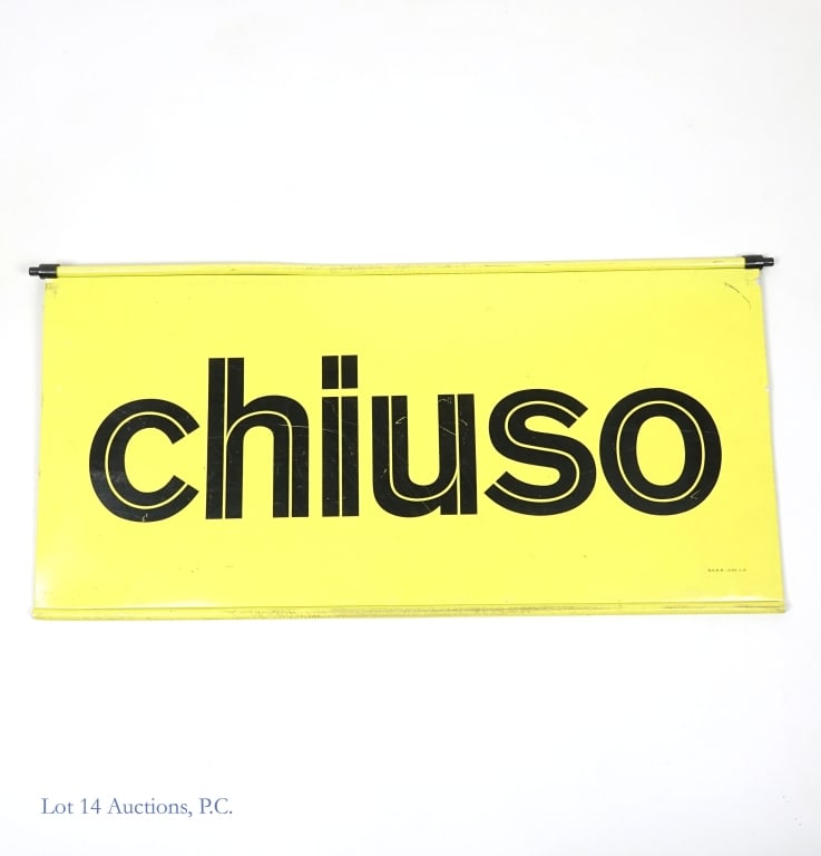 Vintage Agip Gas Stations Open / Closed Sign: Vintage Agip Gas Stations large metal open / closed sign. The entire sign is yellow and it reads "aperto" (open) on one side and "chiuso" (closed) on the other in black Agip font. Some scratches consi