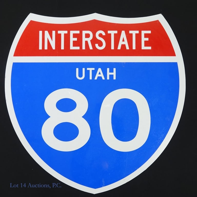 Utah I-80 Interstate Sign: Utah I-80 Interstate sign. Some scratches, appears to have never been hung. Measures approximately 24" x 24". See photos for details.