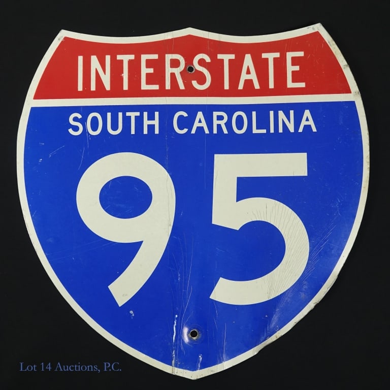 South Carolina I-95 Interstate Sign: South Carolina I-95 Interstate sign. Some scratches, staining and 2 mounting screw holes. Slight vertical bend down the middle consistent with being mounted on a pole. Slight bend on the bottom right.