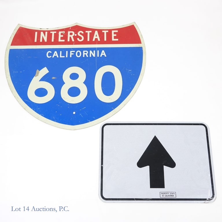 California I-680 Interstate & Arrow Signs (2): Lot includes 2 signs: I-680 California Interstate, measuring approximately 24.5" x 30". Some paint loss, scratches consistent with usage and State of California directional arrow sign, measuring appro