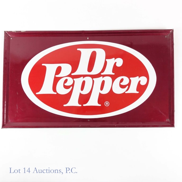 Dr. Pepper Vintage Metal Sign: Dr. Pepper vintage metal painted sign. Some bents, scratches, missing paint and corrosion around the edges of the sign. Center portion depicting Dr. Pepper logo in good condition. See photos for detai