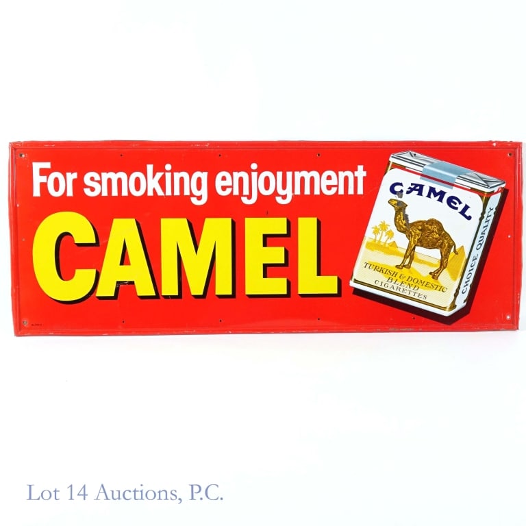 Camel Cigarettes Vintage Metal Sign: Camel cigarettes vintage metal painted sign. Some bents around the edges, some scratches, but overall good condition. See photos for details. Measures approximately 32" x 12".