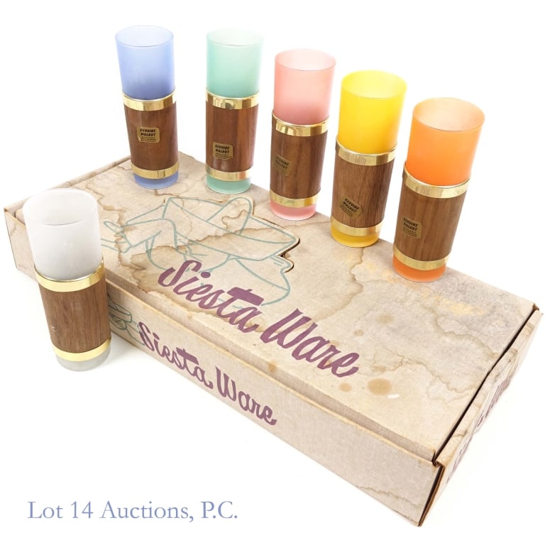 Vintage Frosted Tumblers Genuine Walnut Wrap (6): Set of (6) various colors vintage Siesta Ware frosted glass tiki tumblers in genuine walnut wrap. Included original box has moisture stains but is fully intact.