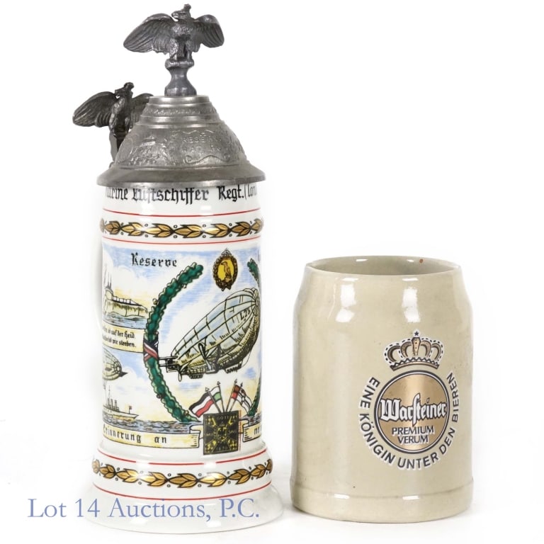 Beer Steins Warsteiner Imperial German Design (2): 1 Lithophane beer stein in style of Regimental Imperial beer steins made by Kronach Seelach in West Germany and 1 Warsteiner ceramic beer stein. Great condition, no chips or cracks.