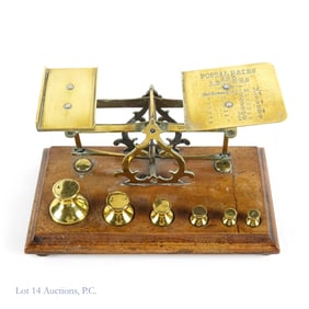 Antique Brass and Wood Postal Scale w/ Weights