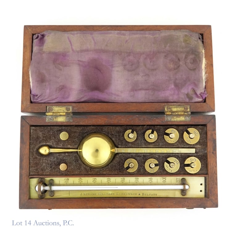 Antique Sikes's Hydrometer & Thermometer: Antique Sikes's hydrometer and thermometer in a fine wooden box. Both the box and the thermometer is stamped "J. Lizars Glasgow & Belfast"