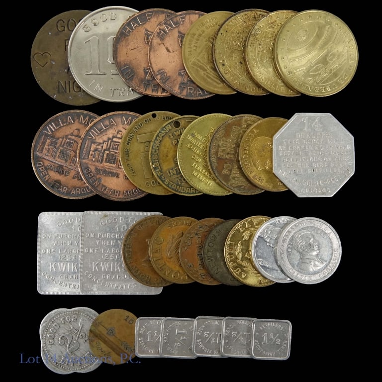 Various USA Adult, Merchant & Political Tokens, 32: Thirty-two (32) merchant tokens as follows: ---Foster & Parker Grand Rapids Mich. dealers in stoves hardware token (diameter 1 1/16 inch); ---Madame Hendren talking and walking doll good luck token; -