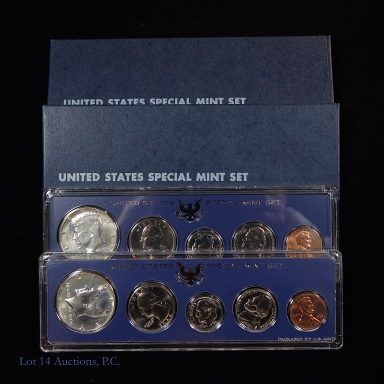 1966 (S) USA Silver Special Mint Sets in OGP (2): Two (2) United States 1966 (S) 40%-silver 5-coin special mint sets (San Francisco Mint) in OGP. Per consigner, both sets feature a proof like cent, nickel, dime and quarter in addition to a 40% silver