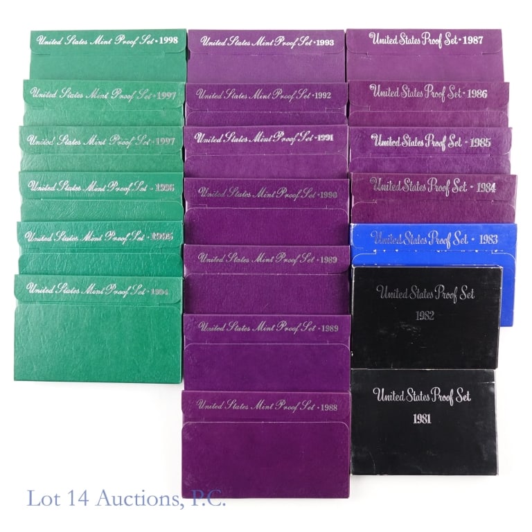 1981s - 1998s U.S. Mint 5 & 6 Coin Proof Sets (20): Twenty (20) United States various clad proof sets (San Francisco Mint) in OGP, per consigner, properly stored since purchased as follows: ---1981-s; ---1982-s; ---1983-s; ---1984-s; ---1985-s; ---1986