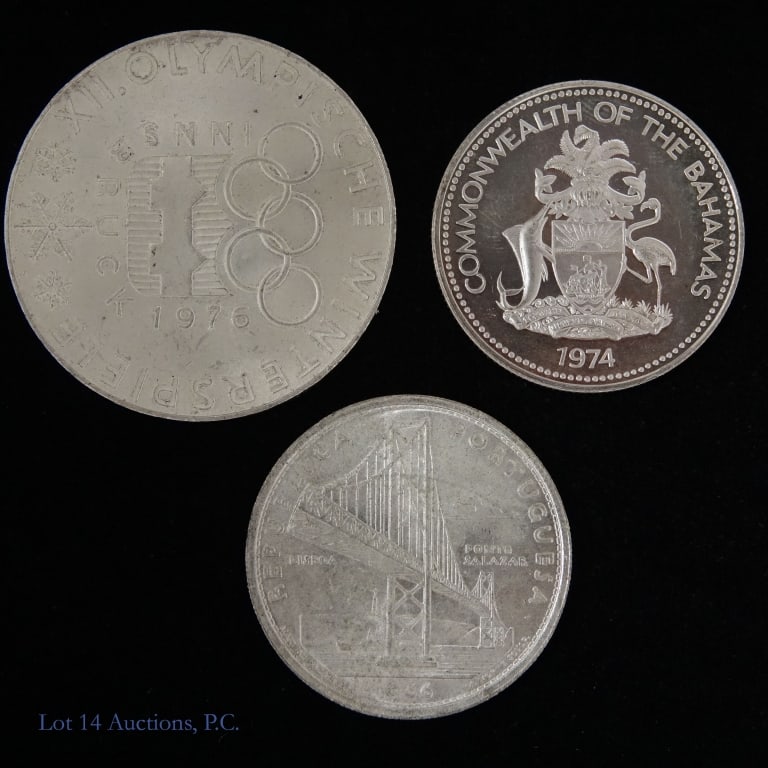 Portugal, Bahamas & Austria Silver Coins, 3: Three (3) silver world coins with consigner condition information as follows: ---1966 Portuguese 65%-silver 20 Escudos (Ponte Salazar commemorative - KM #592) CH BU; ---1974 Bahamas 80%-silver 50 cent