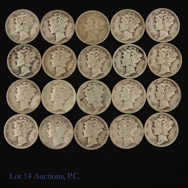 USA 90%-Silver Mercury Dimes (20): Twenty (20) United States 90%-silver Mercury dimes. ASW estimate is 1.4 ozt. *** Lot 14 Auctions is not a professional numismatic grading agency. Consigner descriptions are provided as a courtesy to b