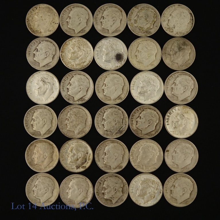 USA 90%-Silver Roosevelt Dimes (30): Thirty (30) United States 90%-silver Roosevelt dimes dated 1964 and prior. ASW estimate is 2.1 ozt. *** Lot 14 Auctions is not a professional numismatic grading agency. Consigner descriptions are prov
