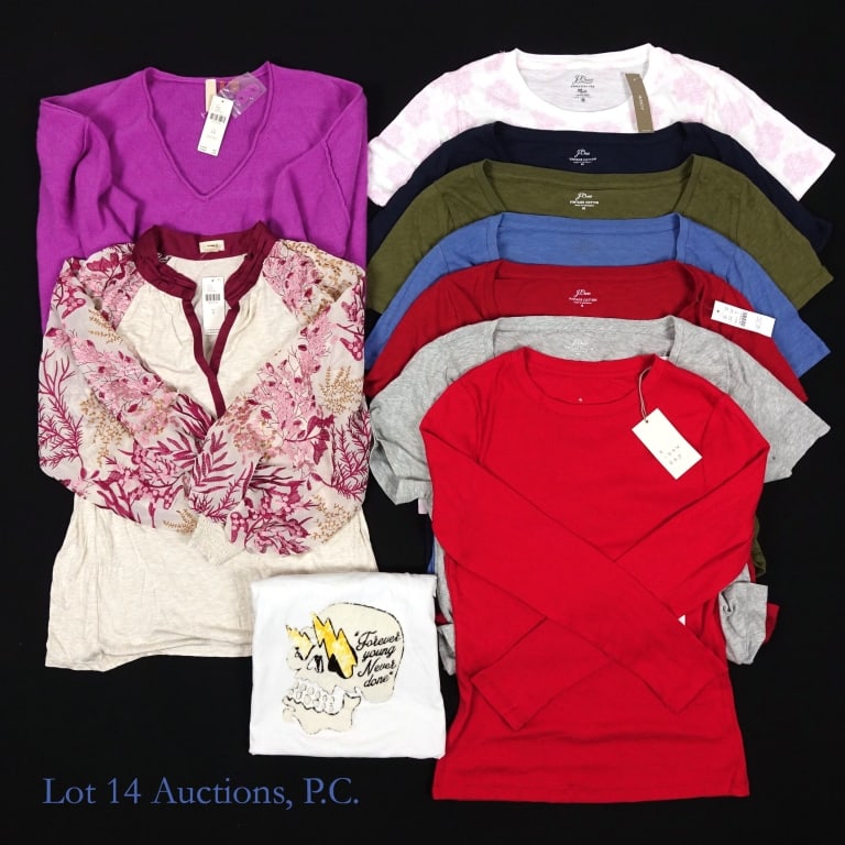 New & Unworn Women's T-Shirts & Sweaters: Eleven new t-shirts and sweaters from various brands designed for women. One Champion 3XL "Girl and the Goat" zip up hoodie; one Anthropologe Petites Pilcro sweater size SP; one Anthropologie Tiny bra