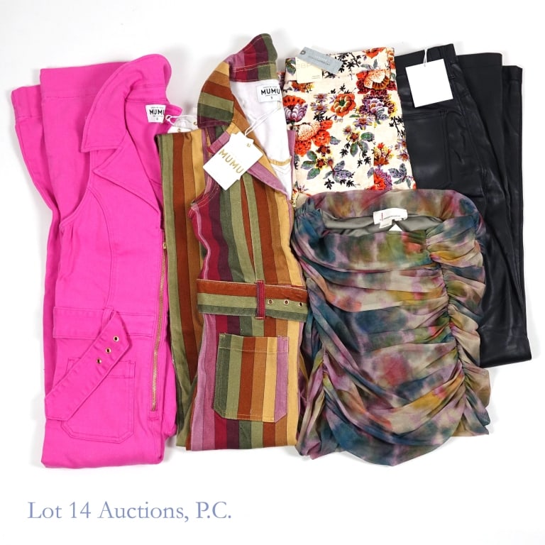 New Women's Jumpsuits, Skirts, and Pants: Five new and unworn pieces of high quality clothing designed for women, with original tags. Lot includes: one Anthropologie skirt in a size small; one pair of Pistola faux leather pants in size 28; on