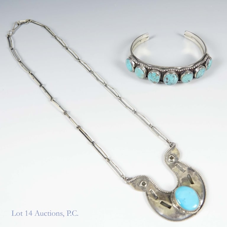 Cuff Bracelet & Necklace - .900 Silver: Cuff bracelet. No markings, but tests electronically for 0.900 silver. Seven turquoise stones. Inner width 2.25". Total weight: 36.75 grams. **** Silver necklace - pendant has a single turquoise stone