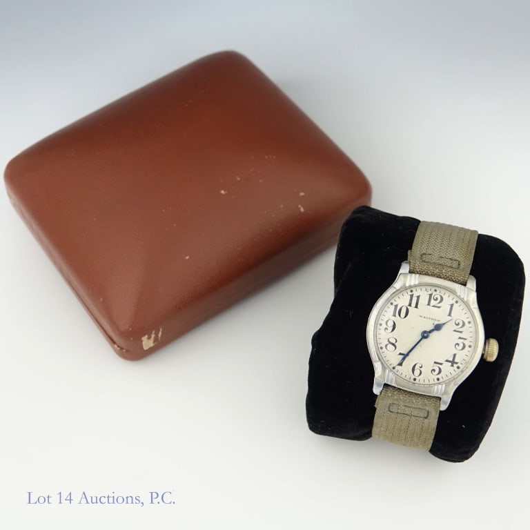 Waltham Military Style Watch: Waltham Military style watch. Running and keeping time while observed, but not serviced or guaranteed. Crown and case have pitting and chrome loss. Approximately 32mm case. 38mm lug tip to lug tip. 15