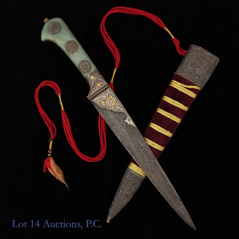 Indo-Persian Dagger Green Hardstone, Sterling Silver, Damascus Blade: Indo-Persian Dagger with green hardstone handle and a Damascus blade. Sterling silver bolster and on scabbard, also sterling silver inlaid mounts in handle. Gold inlay in bolster and blade. Approximat