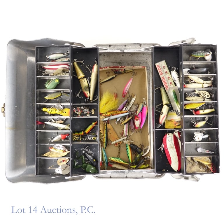 My Buddy Tacklemaster Box With Fishing Lures (65+): Metal My Buddy Tacklemaster tackle box containing more than 65 fishing lures. Some of the names included: Heddon, Jitterbug, Lou J. Eppinger, Garrett and more. Overall clean and in good condition. See