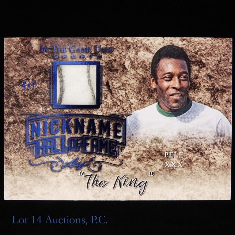 2019 Leaf Pele Game Used Jersey Card: This is a Nickname Hall Of Fame card from 2019 Leaf In The Game Used Sports series. Card number is NHFP-11 and contains a piece of authentic game used memorabilia of Pele. The card is in overall very 