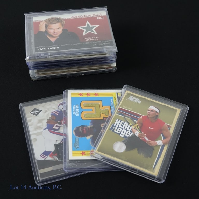 17 Relic Cards Various Athletes: Nice assortment of relic cards from a variety of different athletes. Cards included are relic cards of the following: celebrity worn memorabilia of Kato Kaelin, match worn memorabilia of Novak Ojokovi