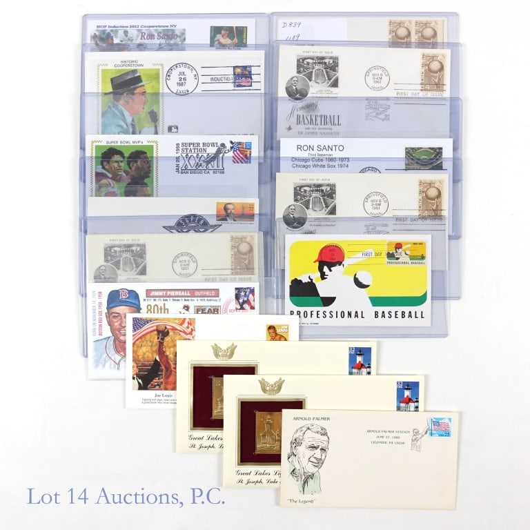 15 Sports Related First Day Of Issue Cachets: Here are a total of 15 first day of issue (FDC) envelopes celebrating various sporting milestones and events. Among the items here are the following: 1969 Professional Baseball, 1995 Great Lakes Light