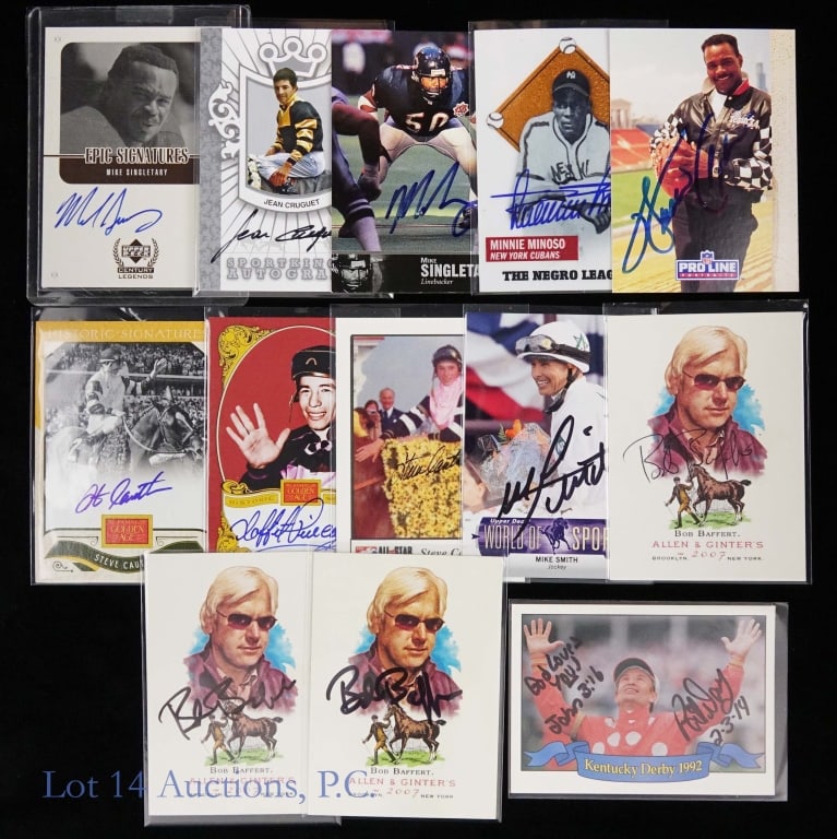 Signed Sports Cards (13): Mix of thirteen signed sports cards from a variety of different athletes. Among the athletes in this group are: Mike Singletary (2), Minnie Minoso, Walter Payton, Bob Baffert (3), Mike Smith (jockey),