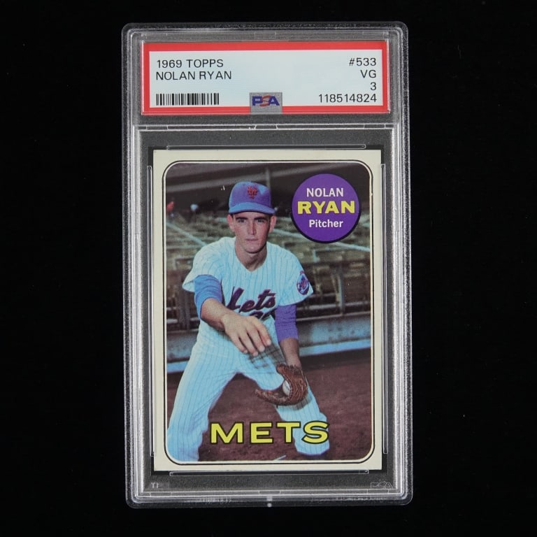 1969 Topps Baseball Card Nolan Ryan (PSA): 1969 Topps baseball card #533 Nolan Ryan. Graded by PSA as Very Good 3 (VG 3). PSA #118514824. We have verified this number at PSA's website, but you are strongly encouraged to verify certification be