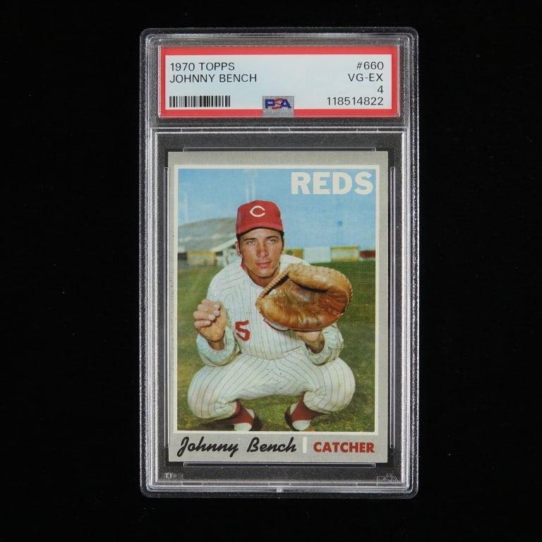 1970 Topps Johnny Bench Baseball Card (VG-EX 4): 1970 Topps baseball card #660 Johnny Bench. Graded by PSA as VG-EX 4. PSA #118514822. We have verified this number at PSA's website, but you are strongly encouraged to verify certification before bidd
