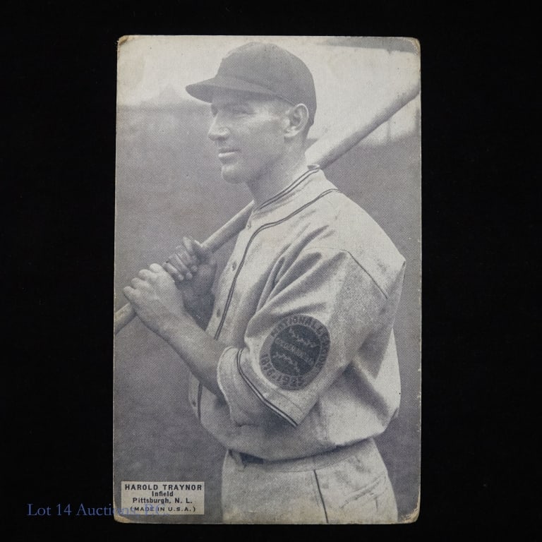 1925 Exhibits Harold Pie Traynor Baseball Card: 1925 Exhibits card featuring Harold Traynor (aka "Pie Traynor") - Infielder, Pittsburgh Pirates. 3-5/16" x 5-5/16". Corners are rounded with wear. "45" written in blue wax pencil on back. Some stainin