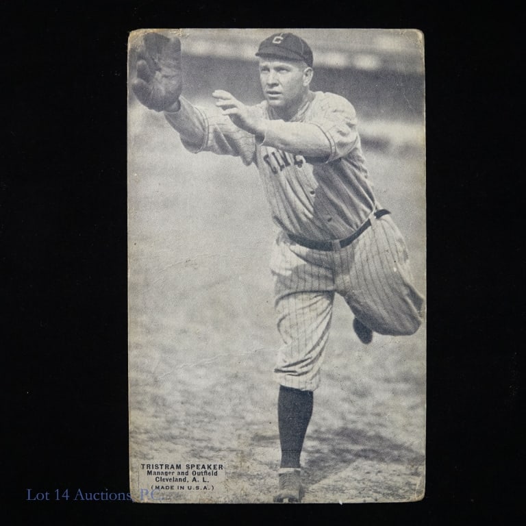 1925 Exhibits Tris Speaker Baseball Card: 1925 Exhibits card featuring Tristam "Tris" Speaker (misspelled "Tristram" on the card) - Manager and outfield, Cleveland A.L. 3-5/16" x 5-5/16". Corners are rounded with wear. "45" written in blue wa