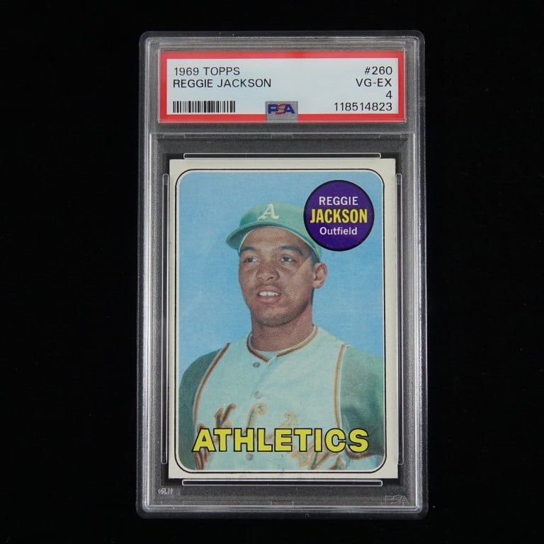 1969 Topps Reggie Jackson Baseball Card (PSA 4): 1969 Topps baseball card #260 Reggie Jackson. Graded by PSA as VG-EX 4. PSA #118514823. We have verified this number at PSA's website, but you are strongly encouraged to verify certification before bi