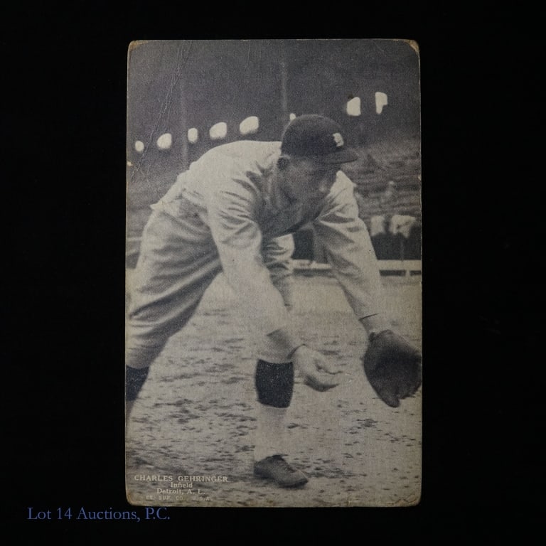 1927 Exhibits Charles Gehringer Baseball Card: 1927 Exhibits card featuring Charles Gehringer - infielder, Detroit Tigers. 3-5/16" x 5-3/8". Corners are rounded with wear. Upper left corner has a bend.
