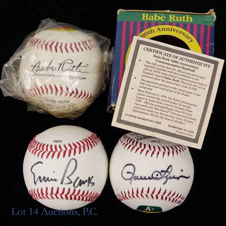 Fingers Banks Signed Baseballs + Ruth 100th Ball: Rollie Fingers Football signed by Rollie Fingers. Numbered 111/1500. Mr. Fingers is shown wearing an Oakland Athletics cap. ***** Wilson baseball signed by Ernie Banks ***** 1995 Jockey baseball (box 