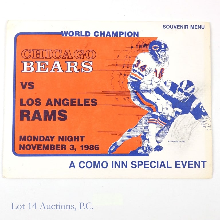1986 Chicago Bears Menu (Walter Payton Signed?): *** This lot is sold "as is" with no COA or guarantees *** Souvenir menu form the Como Inn (Chicago, IL) for a pre-game dinner prior to a Monday night football game between the Chicago Bears and Los A