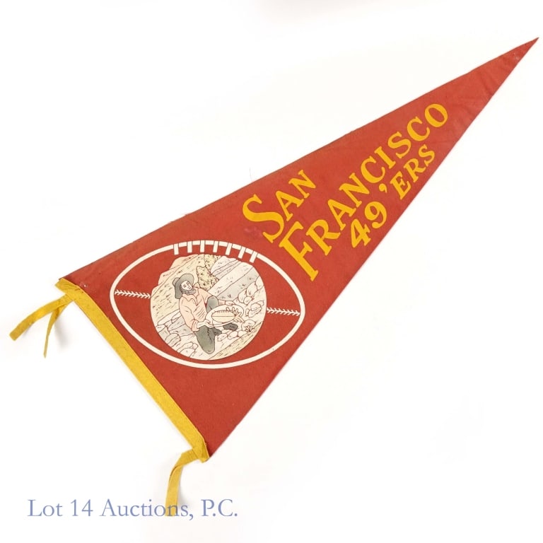 1950s San Francisco 49ers Felt Pennant: 1950s San Francisco 49'ers felt pennant. Measures 29.75" (long) x 12" (hoist). All four tassels intact. Tip appears to be intact. Several pin holes throughout. Hoist piping folded over at top and bott