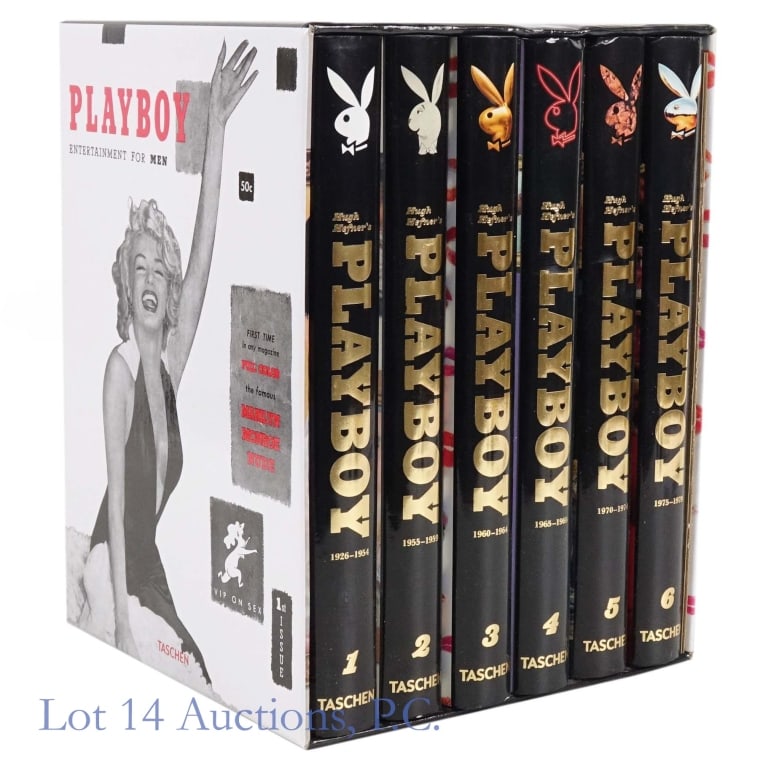 Hugh Hefner's Playboy 6 Vol. Taschen Book Set: Hugh Hefner's Playboy 1926-1979 6 volume book set in an original box. There is a dent on the top of the box above books 4 and 5. The entire set is in excellent shape otherwise. See photos for details.