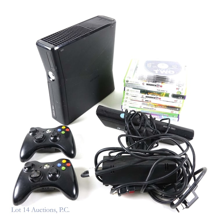 XBox 360 Console, Games (14), Kinect, Accessories: XBox 360 console, 2 original controllers, Kinect sensor, power adapter and video cable. Tested and working per consigner. Lot also includes 9 games in original cases: 2 copies of Madden 10, The Sims 3