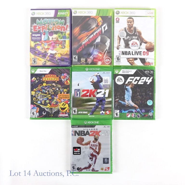 XBox 360 & XBox One Sealed Games NOS (7): (7) brand new sealed NOS XBox games. (3) XBox 360 games - Motion Explosion, Need For Speed Hot Pursuit and NBA Live 09; and (4) XBox One games- Pac-Man Museum, Lillard NBA 2K21, FC24 and PGA Tour 2K21