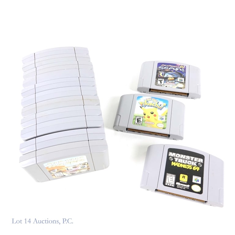 Nintendo N64 Game Cartridges (14): 14 Nintendo N64 game cartridges: Blast Corps, Lego Racers, Tetrisphere, Turok Dinosaur Hunter, Hot Wheels Turbo Racing, Jet Force Gemini, Hey You Pikachu!, Top Gear Overdrive, Xena Warrior Princess, M